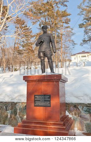 YUZHNO-SAKHALINSK RUSSIA - MARCH 17 2016: Monument (circa 2015) to Aleksandr Vasilevsky in Yuzhno-Sakhalinsk Russia. Vasilevsky (1895-1977) was Marshal of the Soviet Union during WWII