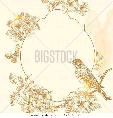 Spring floral vector vintage card with a branch of blossoming apple trees and a bird. Illustration brown on beige background. Victorian style.