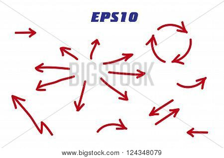 set Arrows and directions signs in flat style. Vector red arrows on white background. symbol. hand drawn brushes on white