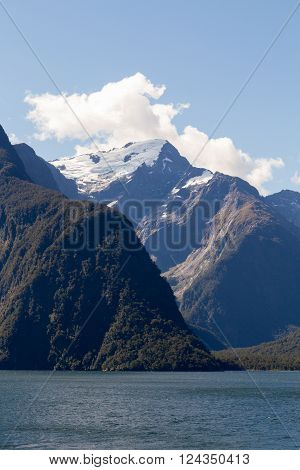 Snow covered mountain in Fjordland New Zealand