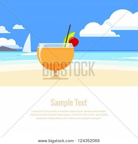 Cocktail with tropical fruit on the background of summer seascape. Flat Design. Vector illustration.