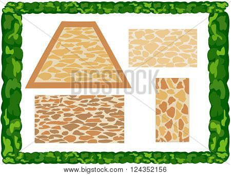 Different  types of paving slabs. Frame of greenery.  Vector. Horizontal.
