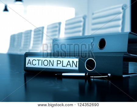 Action Plan - Concept. Action Plan - Business Concept on Blurred Background. Action Plan - Ring Binder on Black Table. Toned Image. 3D Render.