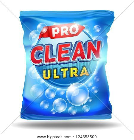 Detergent design template. Vector design of detergent on foil bag package template