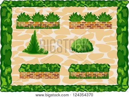 Elements of landscape decor at the background paving slabs. Frame of greenery.  Vector. Horizontal.