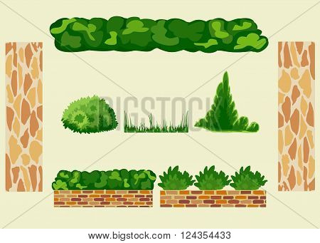 Set for landscaping. Different options of masonry and garden plants. All objects are grouped. Vector. Horizontal.