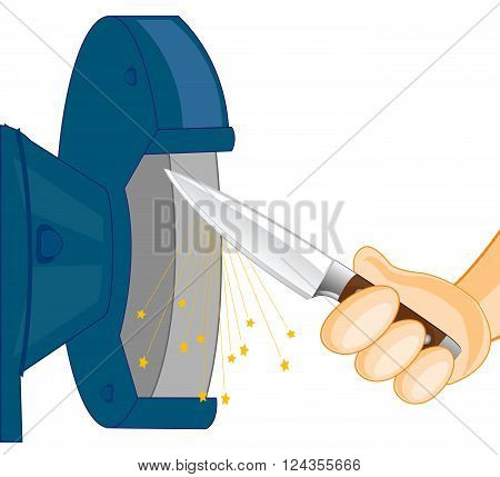 Hand of the person whets knife on tool on white background