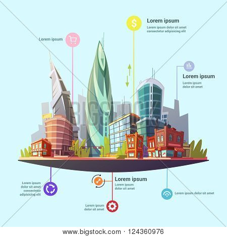 Modern capital city downtown office and residential buildings complex services concept infographic symbols poster abstract vector illustration