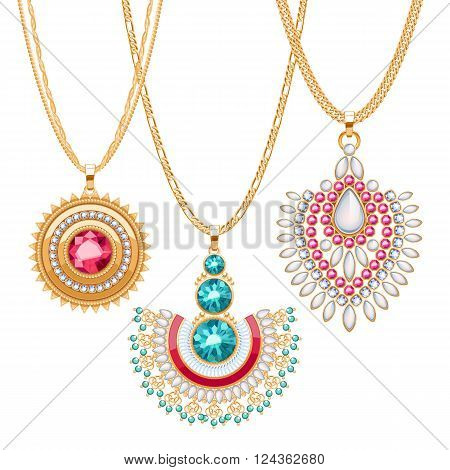 Set of golden chains with different pendants. Precious necklaces. Ethnic indian style brooches pendants with gemstones pearls. Include chains brushes.