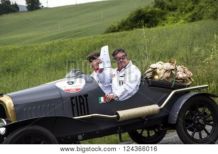 FIAT 501 S 1922
PESARO, ITALY - MAY 15: unidentified crew on an old racing car in rally Mille Miglia 2015 the famous italian historical race (1927-1957) on May 2015