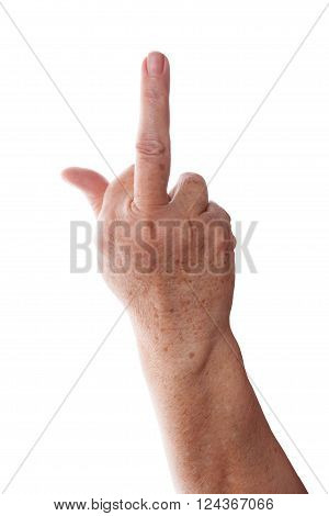 Old female hand showing the middle finger isolated on white background. Obscene hand gesture.