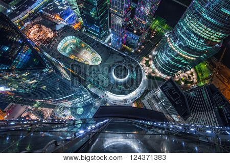 MOSCOW, RUSSIA - MAY 17, 2014: Top view of shopping and entertainment complex Central Core of business complex Moscow City at night. Investments in project Central Core - 300 million dollars