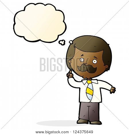 cartoon newsreader man with idea with thought bubble