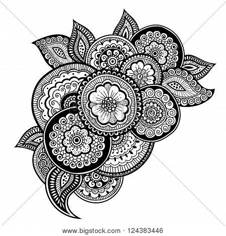 Zen-doodle or Zen-tangle floral pattern. Composition in style mehndi. Vector illustration.