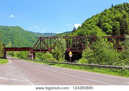Iron bridge in Rakhiv, Ukraine. Rakhiv is a Geographical centre of Europe