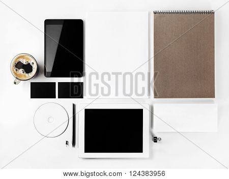 Photo of blank stationery set. Blank corporate identity template for branding identity for designers. Mockup for ID. Top view.