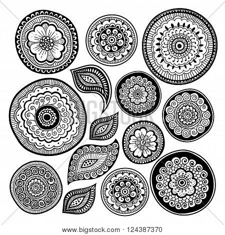 Zen-doodle or Zen-tangle elements for your creation. Mehndi style. Vector illustration.