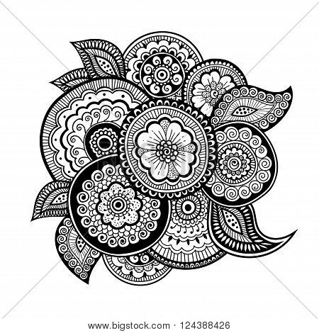 Zen-doodle or Zen-tangle floral pattern. Composition in style mehndi.  Vector illustration