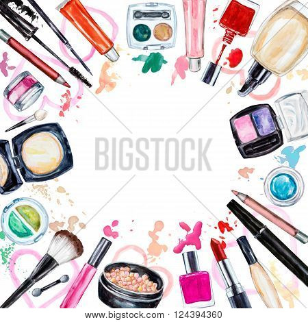 Frame of various watercolor decorative cosmetic. Makeup products beauty items mascara lipstick foundation cream brushes eye shadow nail polish powder lip gloss. Hand drawn cosmetics