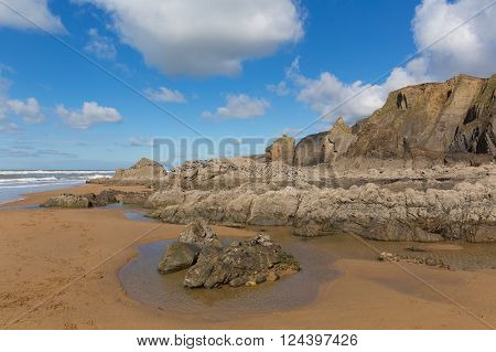 Sandymouth beach North Cornwall England UK with unusual beautiful rock formations near Bude