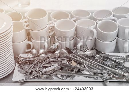 Dirty Of Dish And Kitchenware Waiting For Wash