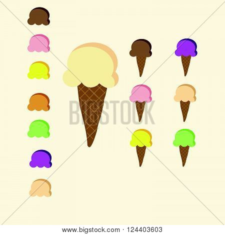 Set of 7 flavour colour of Ice-cream cone pastel colour with strawberry , chocolate,lemon sherbet,vanilla,orange, grape,mango on yellow background
