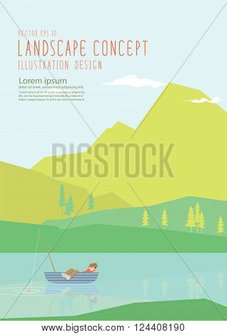Illustration vector andscape mountains and rivers And a man sleeping on a fishing boat on a bright day.