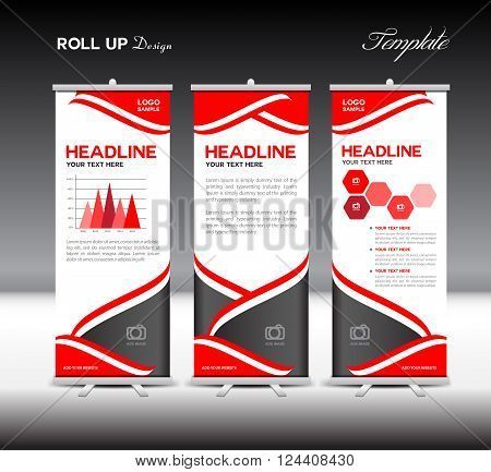 Red Roll Up Banner layout template and info graphics elements vector illustration