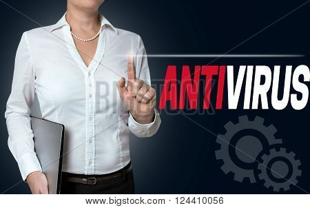 antivirus touchscreen is operated by businesswoman background