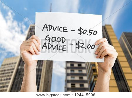 Advice - 0.50 / Good Advice - 2.00 placard with urban background