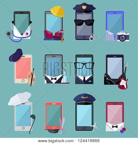 Set of smarphone in costume different professions. Collection of mobile suits chef with a cap, a photographer with a camera, a musician with a guitar, a businessman in glasses. Vector illustration