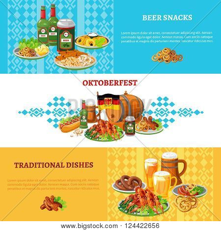 German traditional world largest folk festival ortoberfest 3 flat banners set with beer and snacks abstract vector illustration