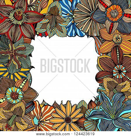 Ethnic colored floral zentangle doodle frame in vector. Henna paisley mehndi doodles design tribal design element.