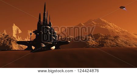Mars Habitat 3D illustration - A future colony based on Mars, the red planet, waits as an incoming star-ship comes in for a landing.