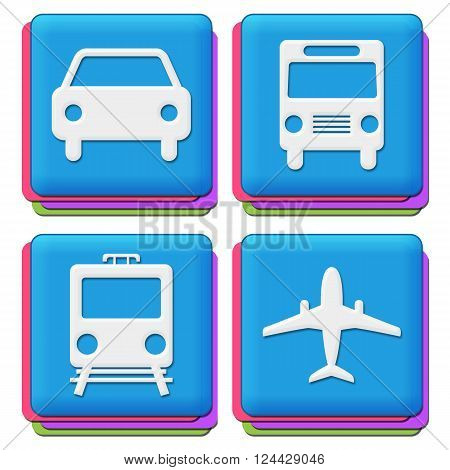 Plane train bus car icons over colorful background.