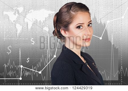 Beautiful woman standing on the trading graph background. Elements of this image furnished by NASA