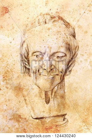 drawing of philosopher voltaire sculpture on abstract background