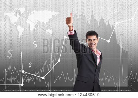 Beautiful woman standing on the traiding graph background. Elements of this image furnished by NASA