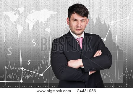 Beautiful woman standing on the traiding graph background. Elements of this image furnished by NASA
