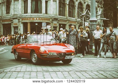 Wroclaw- August 18: Alfa Romeo on Motoclassic show on vintage effect motion blur in Wroclaw Poland on August 18 2014.