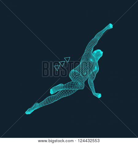 Jump Man. Polygonal Design. 3D Model of Man. Geometric Design. Business, Science and Technology Vector Illustration. 3d Polygonal Covering Skin. Human Polygon Body. Human Body Wire Model. 