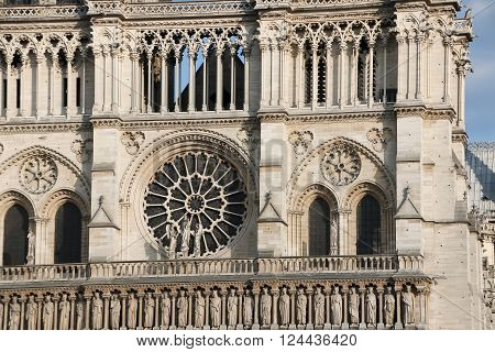 Architectural details of Cathedral Notre Dame de Paris. Cathedral Notre Dame de Paris - most famous Gothic Roman Catholic cathedral on the eastern half of the Cite Island. France Europe.