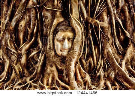 Buddha Head engulfed by tree roots in Historic City of Ayutthaya Thailand.