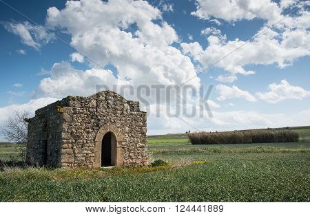 Ruins of a small orthodox christian church near the village of Potamia at the buffer zone in Cyprus. Church name is Panayia Pallouriotissa
