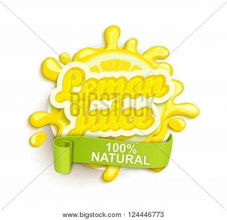Lemon juece label splash. Blot and lettering with ribbon on white background. Splash and blot design, shape creative vector illustration.