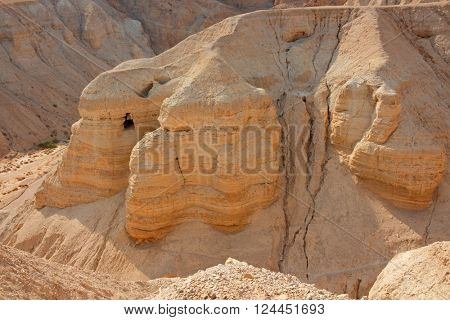 Qumran caves at the archaeological site in the Judean desert of the West Bank, Israel
