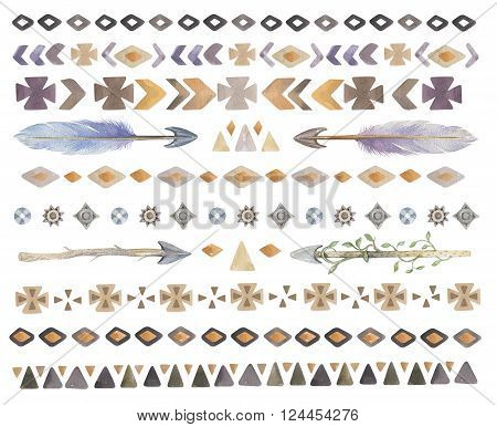 Set of watercolor tribal ethnic aztec boho chic geometric elements hipster logo business label navajo american stile isolated on white background.Watercolour indian traditional ornament. hippie print