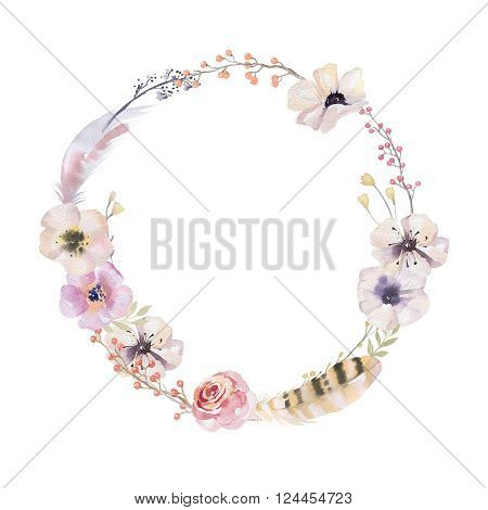 Watercolor floral wreath. Watercolour natural frame: leaves feathers flowers birds. Isolated on white background. Artistic decoration illustration. Save the date weddign design greeting card