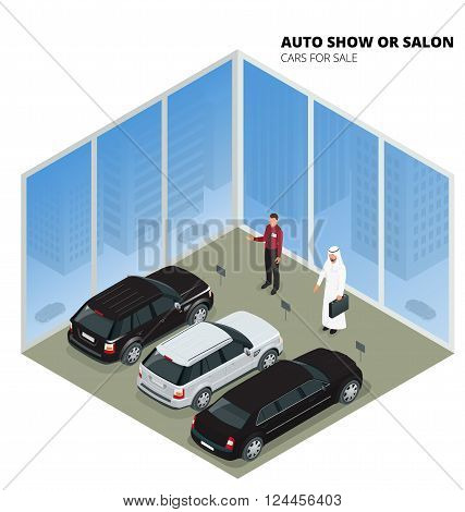 Arab businessman chooses Luxury car. Flat 3d vector isometric illustration. Cars for sale. Auto business, car sale and people concept. Auto show or salon
