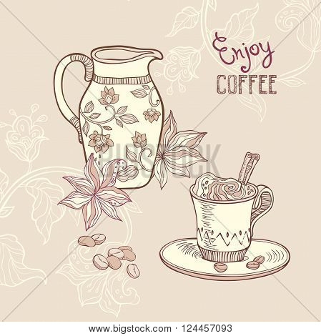 vector hand drawn illustration with coffee cup and milk jug